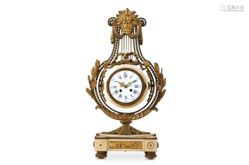 A LATE 19TH CENTURY LOUIS XVI STYLE WHITE MARBLE AND GILT BRONZE MOUNTED LYRE CLOCK SIGNED 'JULES