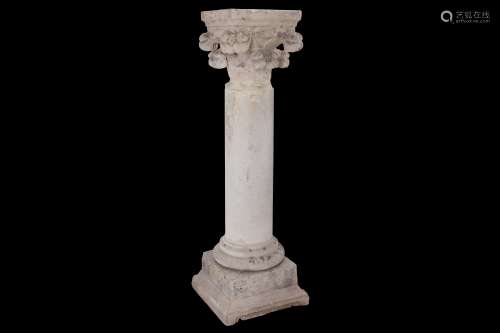 A FRENCH CARVED STONE COLUMN, POSSIBLY 16TH CENTURY with stylised foliate capital supporting the