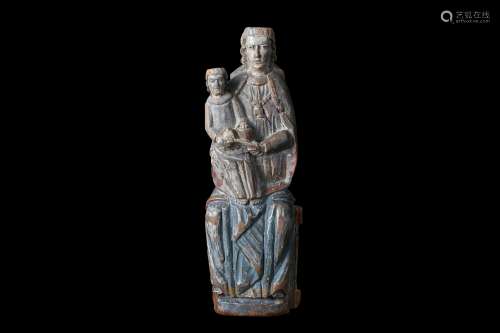 A 15TH CENTURY SOUTH GERMAN CARVED AND POLYCHROME LIMEWOOD (LINDENWOOD) FIGURE OF THE MADONNA AND