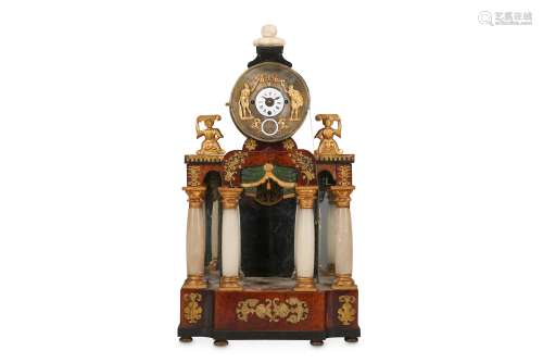AN EARLY 19TH CENTURY AUSTRIAN STAINED AND PAINTED WOOD, ALABASTER AND GILT METAL GRANDE SONNERIE