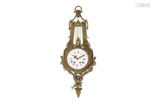 A 19TH CENTURY FRENCH GILT BRONZE CARTEL CLOCK in the Louis XVI style, the case modelled as a lyre