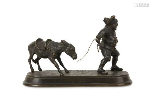 A 19TH CENTURY FRENCH BRONZE MODEL OF A PEASANT WITH A MULE the rotund man wearing a hat and leading