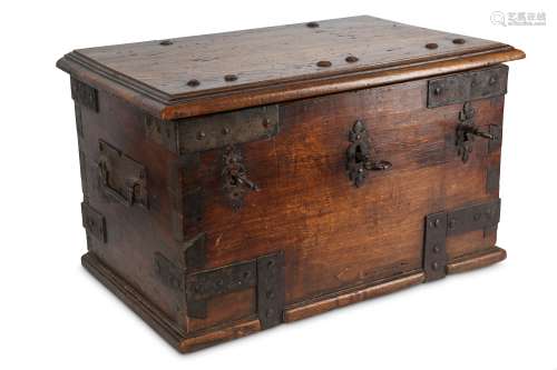 A SMALL 17TH CENTURY FRUITWOOD AND IRON BOUND CHEST, PROBABLY FRENCH of rectangular form, with