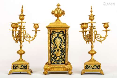A LATE 19TH CENTURY FRENCH GILT BRONZE AND TOLE PEINTRE CLOCK GARNITURE IN THE RENAISSANCE REVIVAL
