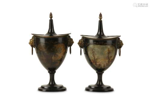 A PAIR OF REGENCY TOLEWARE CHESTNUT URNS of typical form, with lion mask ring handles and covers