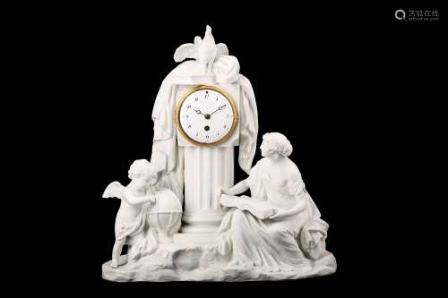 A 19TH CENTURY FRENCH SEVRES STYLE BISQUE PORCELAIN FIGURAL MANTEL CLOCK SIGNED 'BLANC FILS PALAIS