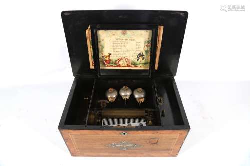 A LATE 19TH CENTURY SWISS EBONISED AND MARQUETRY 'BELLS IN VUE' MUSIC BOX BY STE CROIX the case