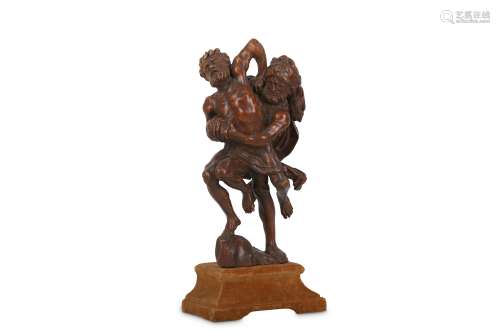 A 17TH / 18TH CENTURY GERMAN CARVED WOOD FIGURE OF HERCULES WRESTLING DIOMEDES OF THRACE Hercules