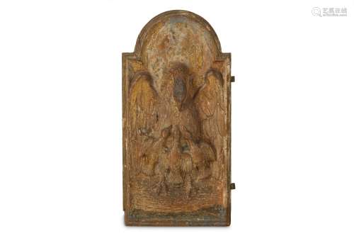 A 16TH / 17TH  CENTURY ITALIAN CARVED WOOD DOOR PANEL DEPICTING THE PELICAN IN HER PIETY of break-