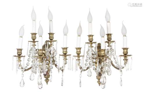 A PAIR OF LOUIS XV STYLE BRONZE AND CUT GLASS WALL APPLIQUES the backplates modelled with acanthus