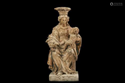 A 17TH CENTURY ITALIAN POLYCHROME LIMESTONE FIGURE OF THE MADONNA AND CHILD ENTHRONED the Virgin