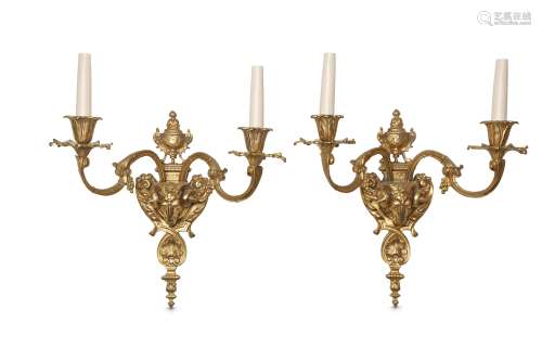 A SET OF SIX LOUIS XV STYLE GILT BRONZE WALL LIGHTS the backplates cast with cartouches surmounted