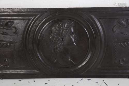 PROBABLY GENOESE, 16TH OR 17TH CENTURY: A SLATE LINTEL PANEL WITH A ROMAN EMPEROR IN PROFILE flanked