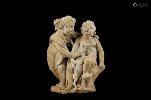 A LATE 17TH / EARLY 18TH CENTURY FRANCO-FLEMISH TERRACOTTA MODEL DEPICTING A PAIR OF PUTTI AS AN