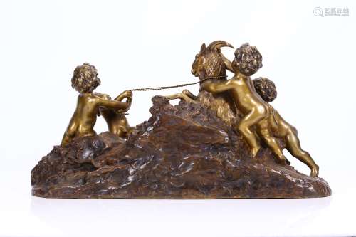 JOSEPH D’ASTE (ITALIAN, ACTIVE 1905-1935):  A LARGE BRONZE GROUP OF FOUR PUTTI WITH A GOAT ‘LE