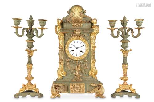A LATE 19TH CENTURY PAINTED AND GILT METAL CLOCK GARNITURE  in the Renaissance Revival style, the