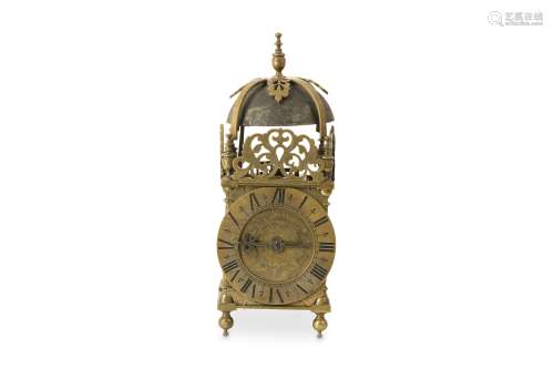 AN 18TH CENTURY ENGLISH BRASS LANTERN CLOCK SIGNED WM. GOODWIN, STOWMARKET of typical form, the