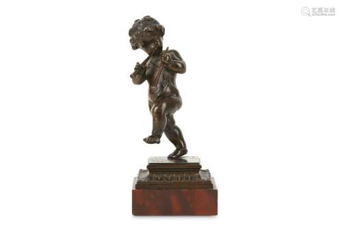 ÉTIENNE-HENRI DUMAIGE (FRENCH, 1830-1888): A SMALL BRONZE STATUETTE OF A PUTTO  the dancing figure