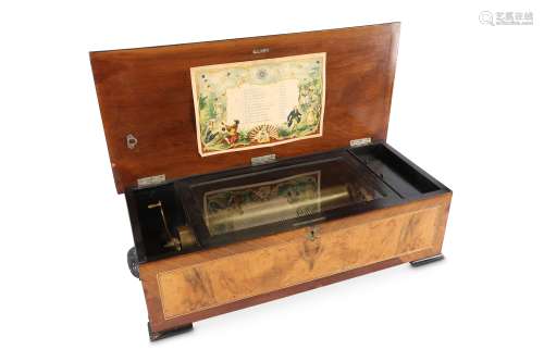 A LATE 19TH CENTURY SWISS BURR WALNUT AND EBONISED MUSIC BOX BY B.H.A. STE. CROIX the case with