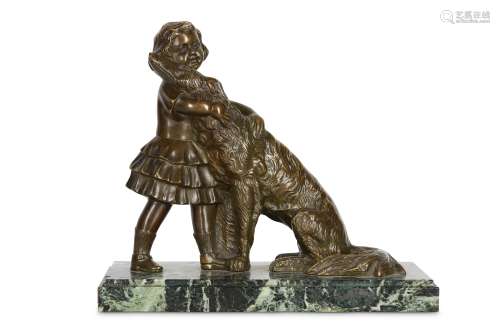 A FIRST HALF 20TH CENTURY BRONZE FIGURE OF A GIRL WITH HER DOG, SIGNED 'J. FAES' the standing girl