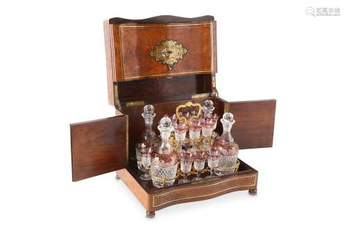 A THIRD QUARTER 19TH CENTURY FRENCH AMBOYNA, BRASS MOUNTED AND ABALONE INLAID DECANTER / LIQUOR