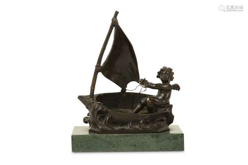 AUGUSTE MOREAU (FRENCH, 1834-1917):  A SMALL BRONZE MODEL OF A PUTTO SAILING the winged cherub