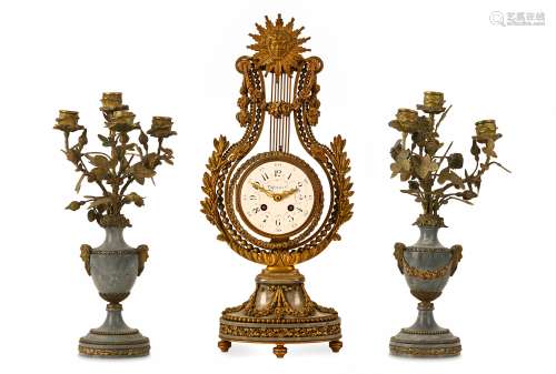 A LATE 19TH CENTURY GREY MARBLE AND GILT BRONZE MOUNTED LYRE CLOCK GARNITURE SIGNED 'TIFFANY & CO'