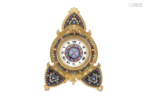 A RARE 19TH CENTURY GILT BRONZE AND CHAMPLEVE ENAMEL STRUT CLOCK WITH CENTRE SECONDS IN THE MANNER