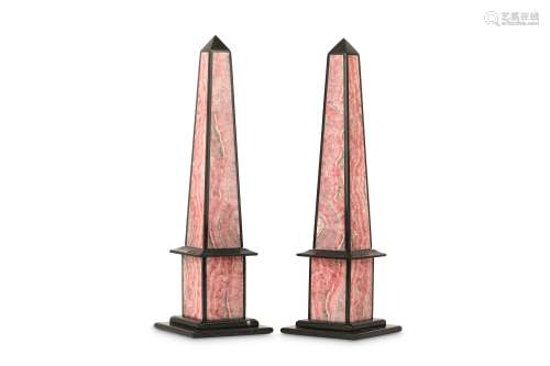 A PAIR OF BELGIAN BLACK MARBLE AND ROSE QUARTZ OBELISKS of typical form, on stepped square bases,