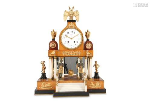A LATE 19TH CENTURY GERMAN YEW, EBONISED AND ALABASTER AND ORMOLU MOUNTED MANTEL CLOCK the