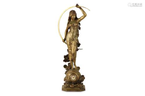 AUGUSTE MOREAU (FRENCH, 1834-1917): A LARGE EARLY 20TH CENTURY BRONZE FIGURAL CLOCK DEPICTING SELENE