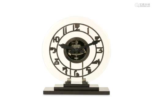 AN EARLY 20TH CENTURY ART DECO PERIOD GLASS AND CHROME ELECTRIC CLOCK BY LEON HATOT, PARIS (ATO),