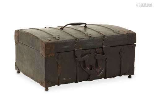 A LATE 15TH / EARLY 16TH CENTURY FRENCH IRON MOUNTED CUIR BOUILLI MISSAL BOX the leather covered