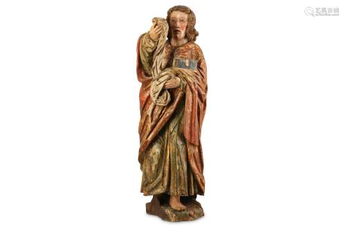 AN EARLY 16TH CENTURY GERMAN CARVED, POLYCHROME DECORATED AND PARCEL GILT WOOD FIGURE OF ST JOHN THE