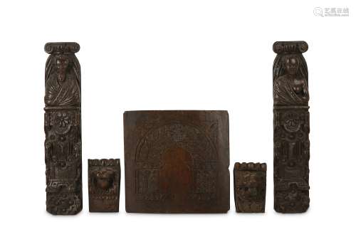 A PAIR OF ELIZABETHAN CARVED OAK CARYATID PANELS TOGETHER WITH THREE FURTHER 17TH CENTURY OAK PANELS