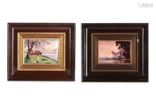 A PAIR OF 20TH CENTURY LIMOGES ENAMEL PANELS DEPICTING LANDSCAPES  of rectangular form, the first