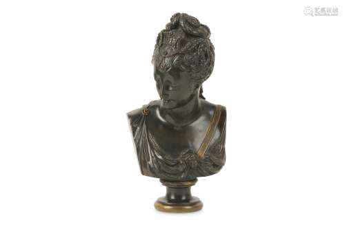 A 19TH CENTURY FRENCH BRONZE BUST OF A NOBLEWOMAN  depicted in the Antique style with a sash