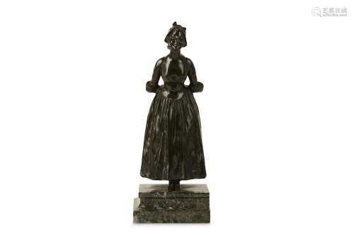 A LATE 19TH CENTURY BRONZE FIGURE OF A GIRL in 18th century dress, the smiling girl leaning