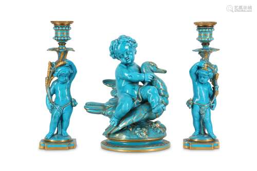 A LATE 19TH / EARLY 20TH CENTURY FRENCH GILT TURQUOISE PORCELAIN FIGURAL GARNITURE the centrepiece