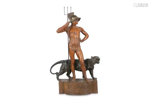 AN EARLY 20TH CENTURY GOLDSCHEIDER TERRACOTTA FIGURE OF A MAN WITH TIGER ENTITLED 'ANIMUS ET VIS' (