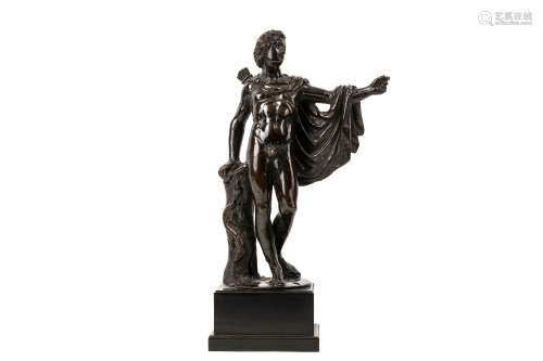 A 16TH CENTURY ITALIAN BRONZE FIGURE OF APOLLO the pose derived from the Apollo Belvedere, the