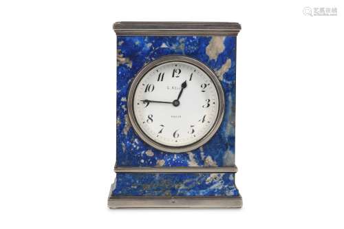 AN EARLY 20TH CENTURY FRENCH WHITE METAL AND LAPIS LAZULI DESK CLOCK BY GUSTAVE KELLER FRERES, PARIS