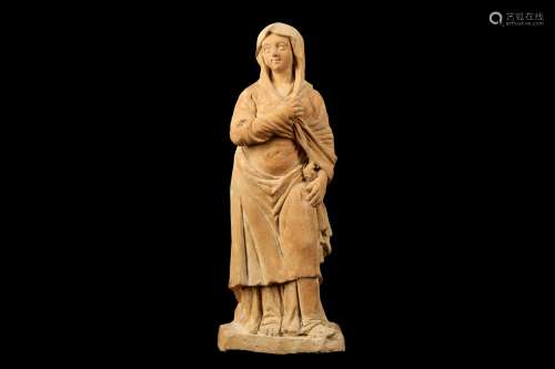 A LATE 18TH / EARLY 19TH CENTURY ITALIAN TERRACOTTA FIGURE OF THE VIRGIN wearing a mantel and