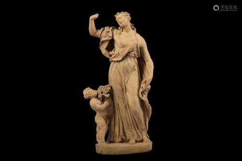 AN 18TH CENTURY FRENCH TERRACOTTA BOZZETTO OF CERES WITH A PUTTO Ceres with her drapery falling to