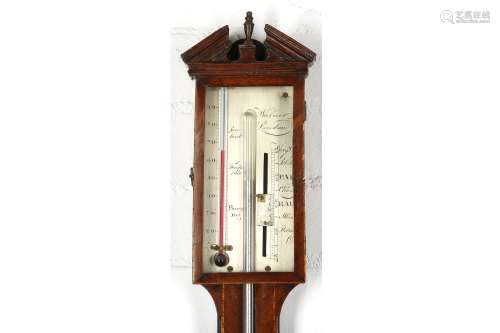 A GEORGE III MAHOGANY AND SATINWOOD STRUNG STICK BAROMETER BY WARNER, LONDON the case with broken-