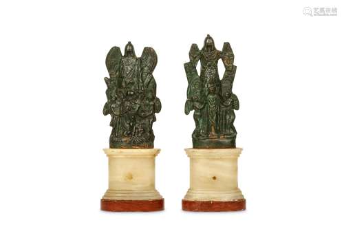 A PAIR OF LATE 19TH CENTURY ITALIAN BRONZE AND MARBLE RELIEFS OF MONUMENTS the reductions