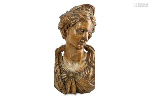 A 17TH CENTURY SOUTH GERMAN BAROQUE LIMEWOOD RELIEF CARVED BUST OF A GODDESS carved in high relief