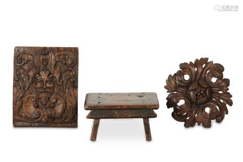 A 17TH CENTURY CARVED OAK RELIEF DEPICTING THE GREEN MAN TOGETHER WITH A FURTHER CARVING AND A