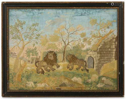 A LATE 17TH / EARLY 18TH CENTURY EMBROIDERED STUMPWORK PANEL DEPICTING A PAIR OF LIONS the raised