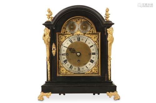 A LATE 19TH CENTURY ENGLISH EBONISED AND GILT BRASS MOUNTED TRIPLE FUSEE QUARTER CHIMING MANTEL